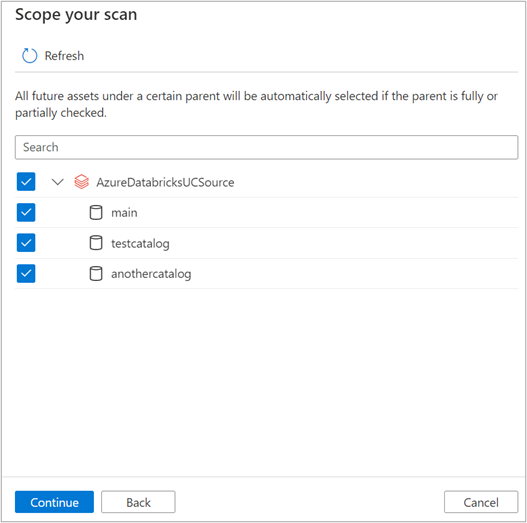 Screenshot of setting up the scope for Azure Databricks scan.