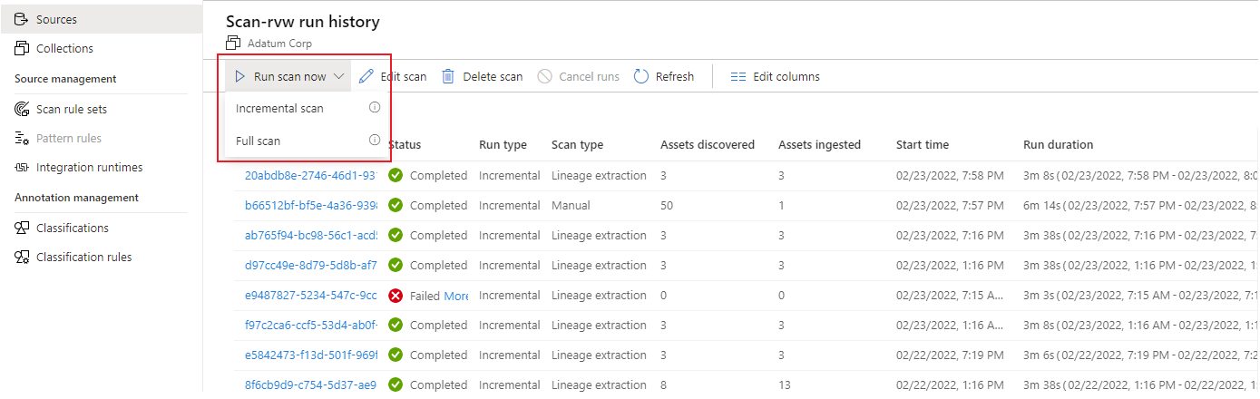 Screenshot that shows options for full or incremental scan.