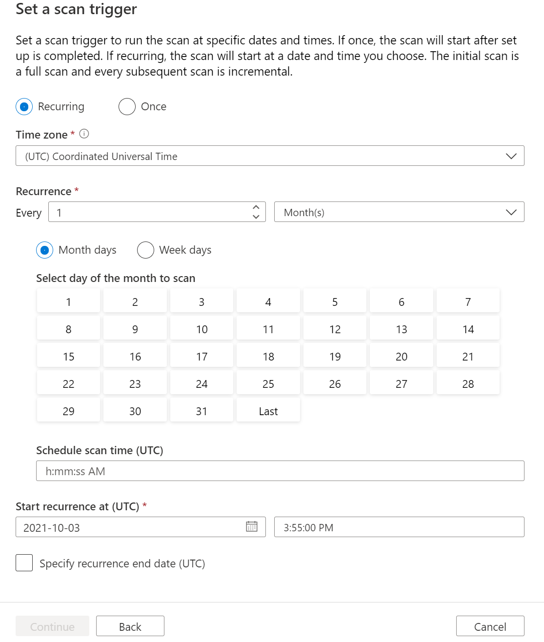 Screenshot of the set a scan trigger page showing a recurring monthly schedule.