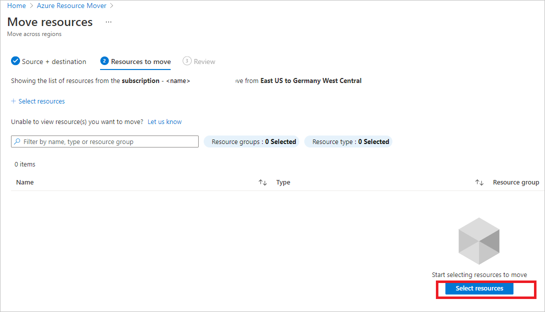 Screenshot of the 'Move resources' pane and 'Select resources' button.].