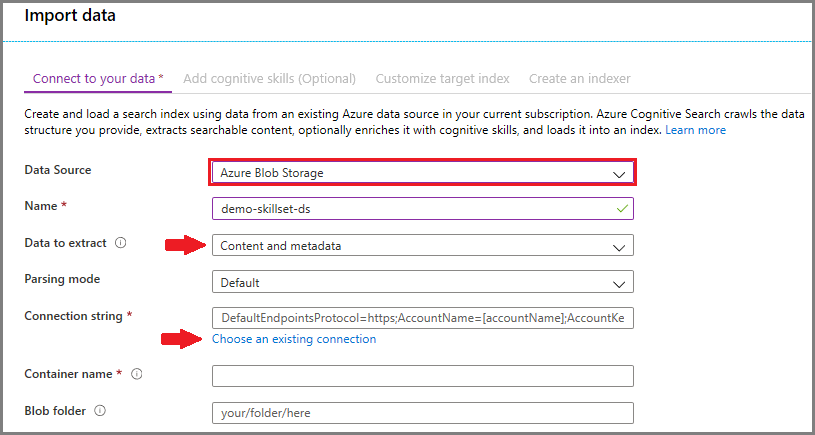 Screenshot of the data source definition page.