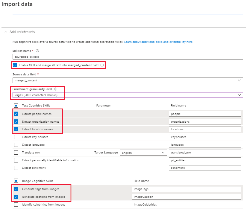 Screenshot of the skillset definition page.