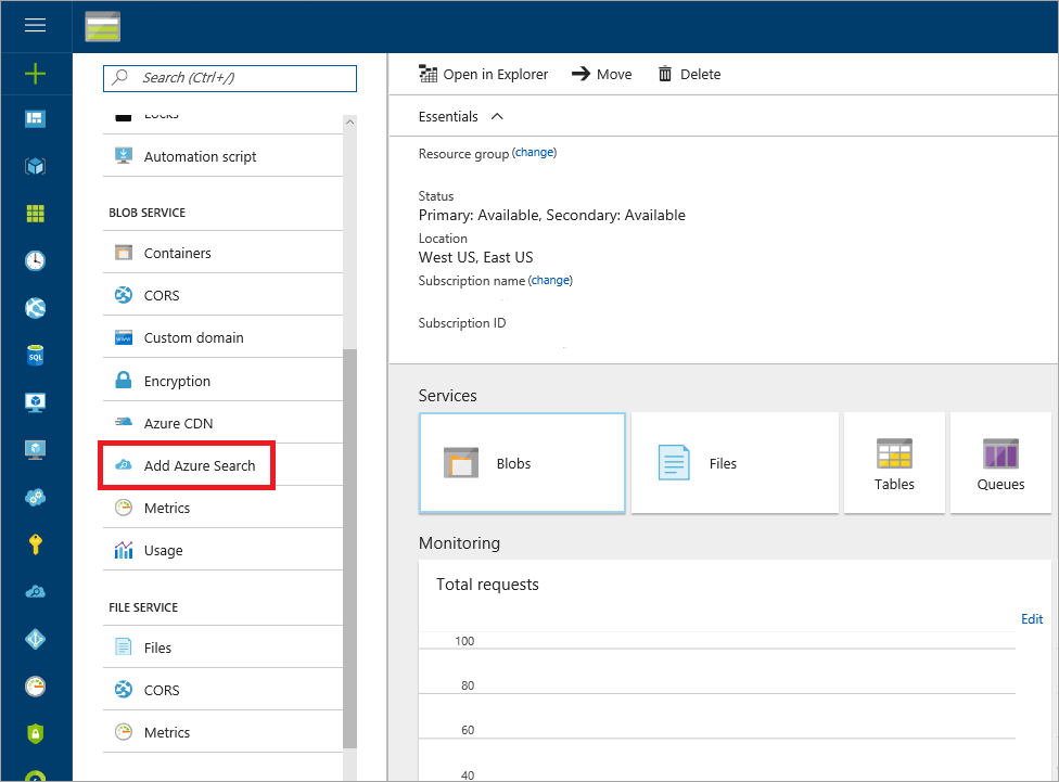 Screenshot of the Azure AI Search wizard in the Azure Storage portal page.