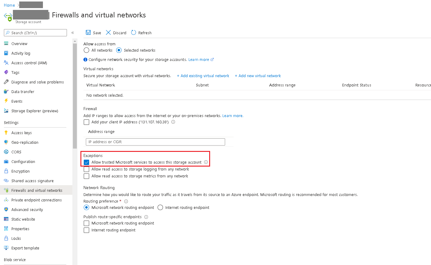 Screenshot of the firewall and networking page for Azure Storage in the portal.