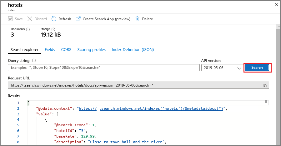 Screenshot of a Search Explorer query for the target index.