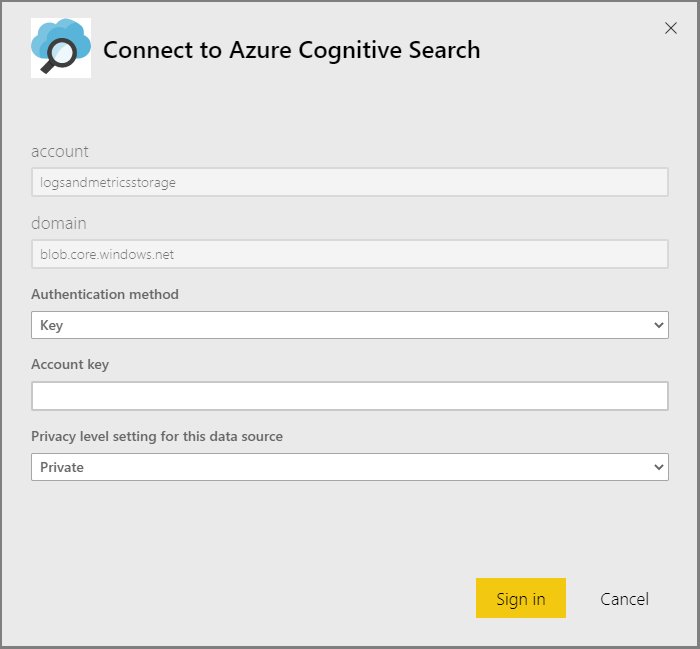 Screenshot showing how to input the authentication method, account key, and privacy level in the Connect to Azure Cognitive Search page.