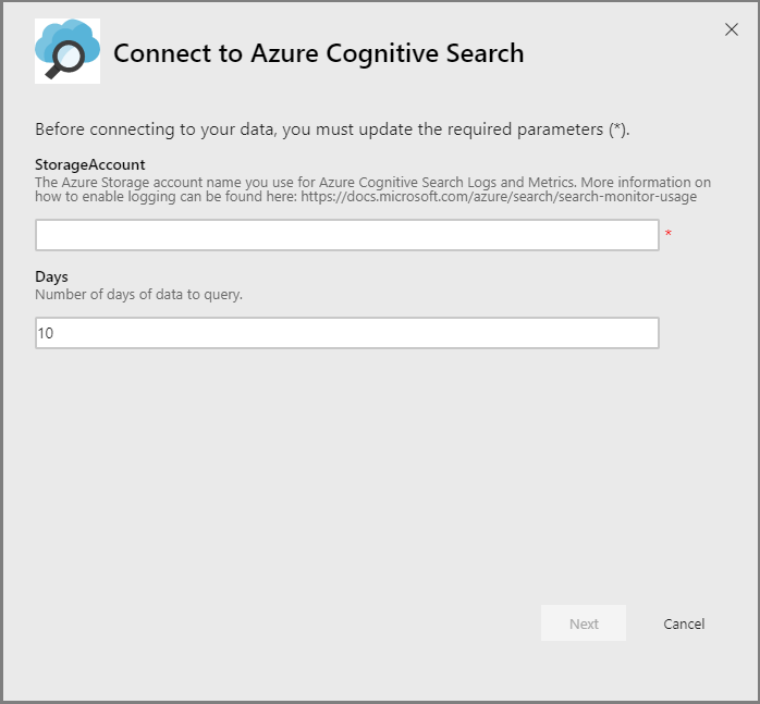 Screenshot showing how to input the storage account name and the number of days to query in the Connect to Azure Cognitive Search page.