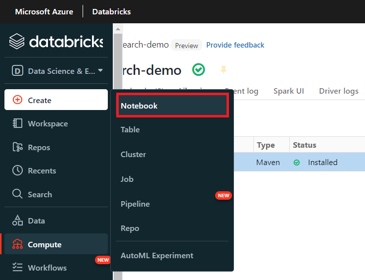 Screenshot of the Create Notebook command.