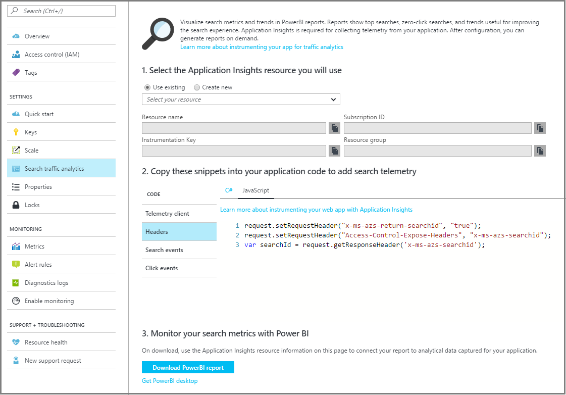 Screenshot of the portal command and page for setting up Application Insights.