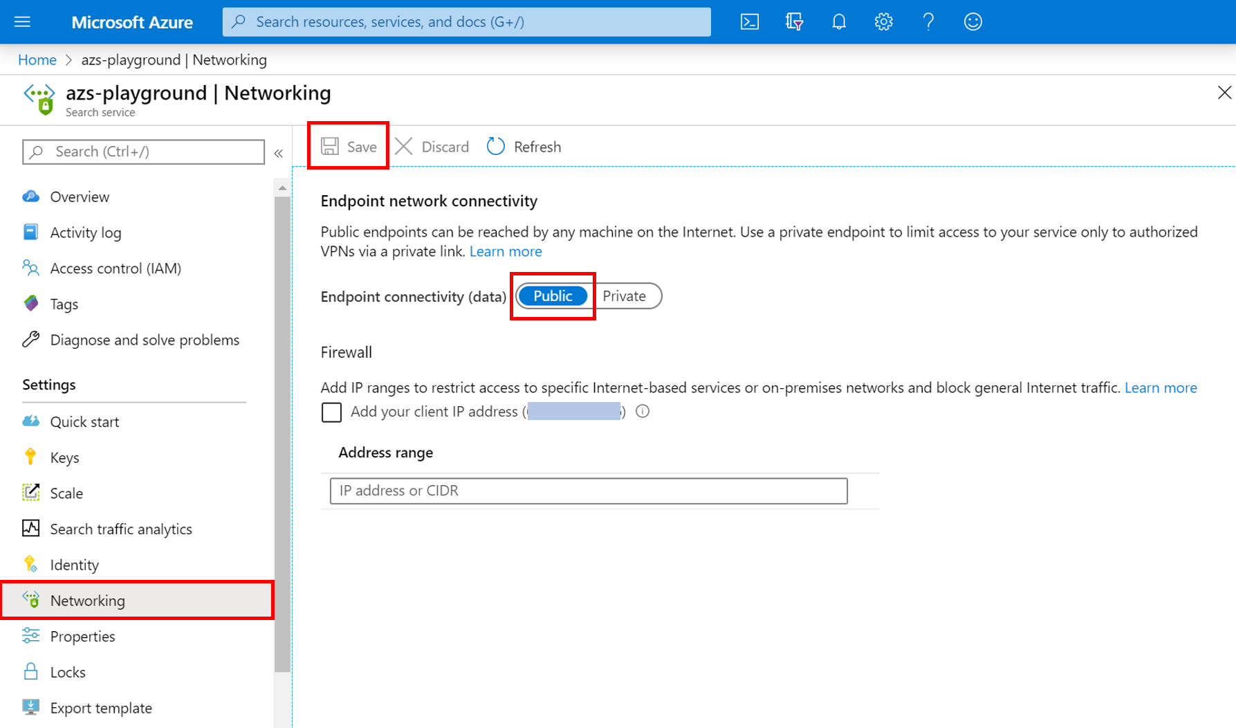 Screenshot showing the network access options in the Azure portal.