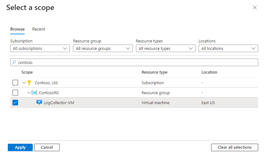 Screenshot of selecting resources for the Windows D N S over A M A connector.