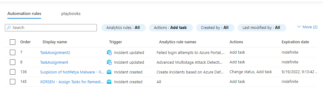 Screenshot showing the results of the filter on the automation rules grid.