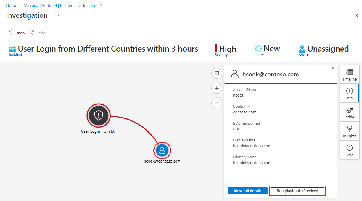 Screenshot of selecting an entity from the investigation graph to run a playbook on it.