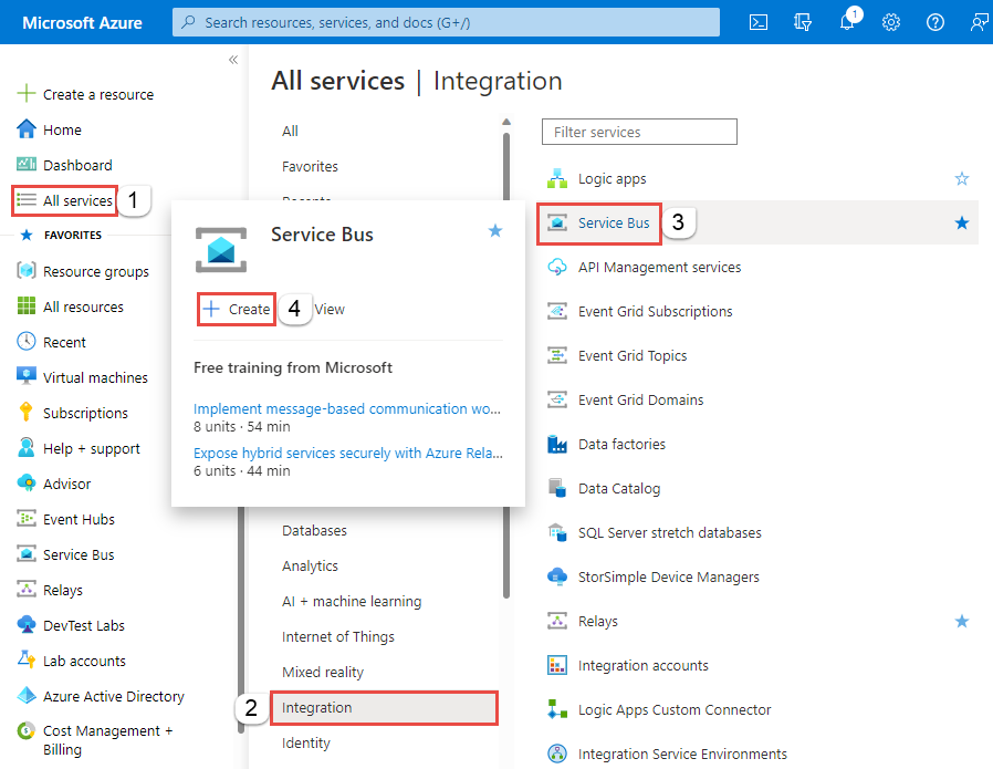 Image showing selection of Create a resource, Integration, and then Service Bus in the menu.