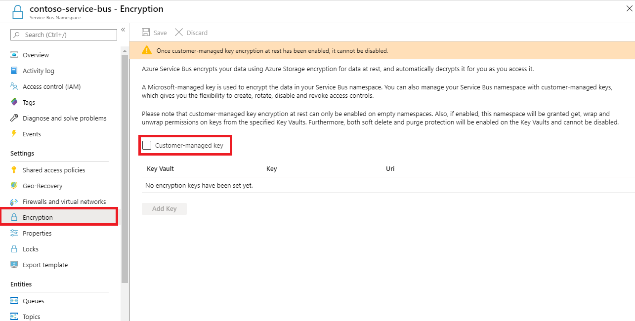 Screenshot showing how to enable a customer managed key.