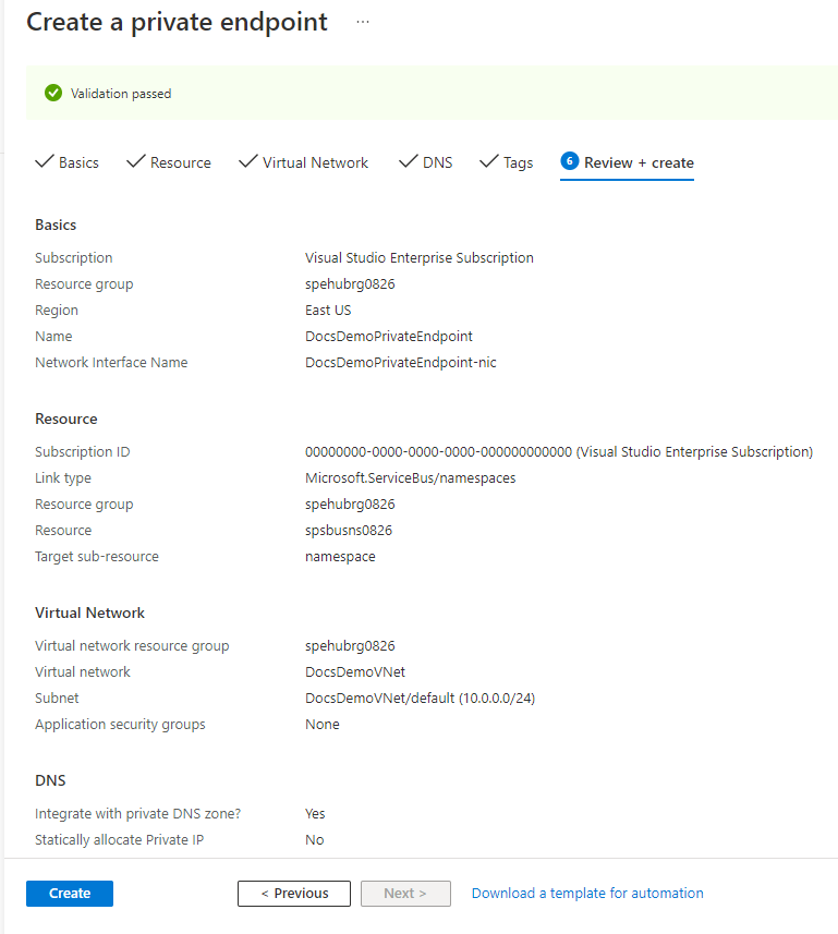Screenshot showing the Review and Create page of the Create private endpoint wizard.