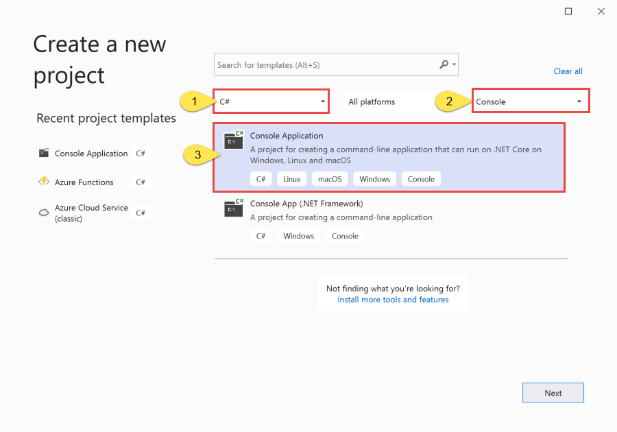 Image showing the Create a new project dialog box with C# and Console selected