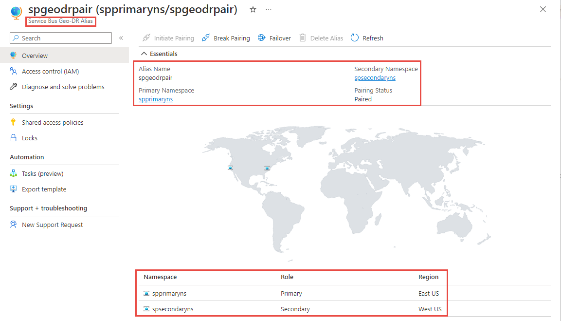 Screenshot showing the Service Bus Geo-DR Alias page with primary and secondary namespaces.