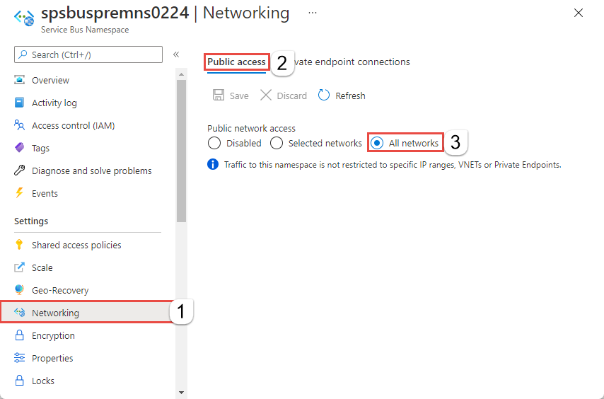 Screenshot of the Networking tab of a Service Bus namespace with the default option All networks selected.