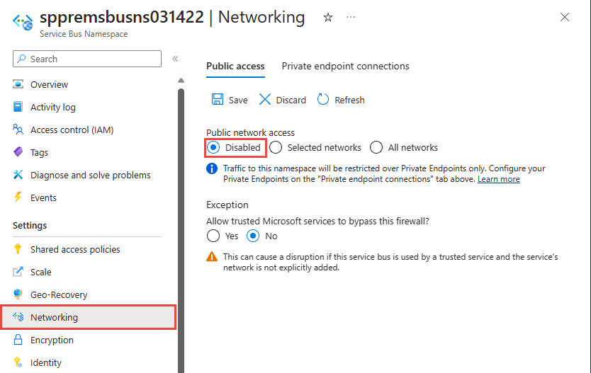 Screenshot that shows the Networking page of a namespace with public access disabled.