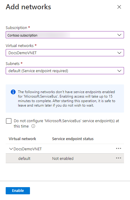 Screenshot showing the selection of virtual network and subnet.