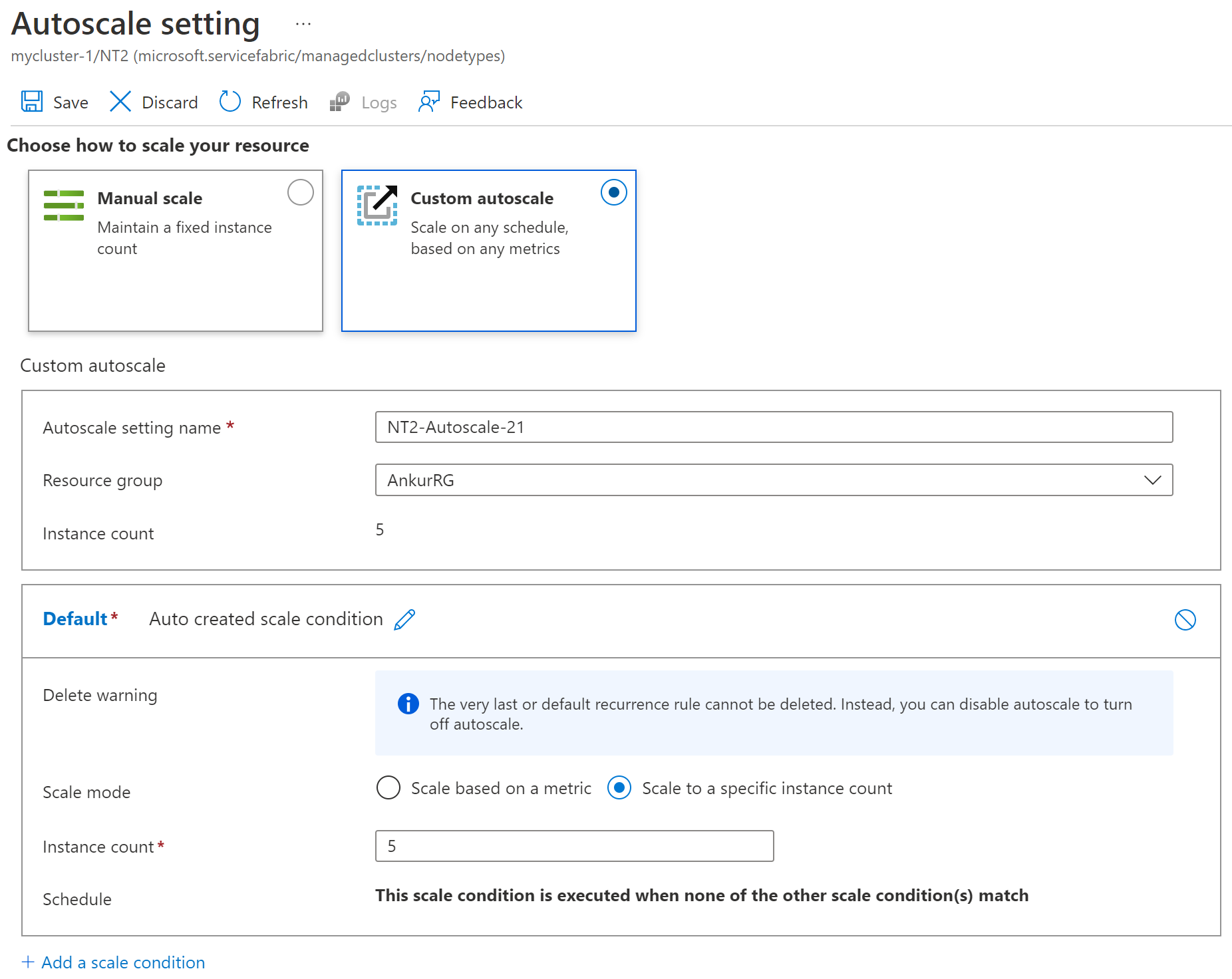 Sample showing auto scaling setting