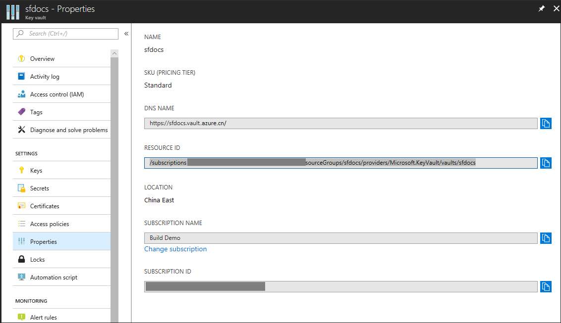 Screenshot shows the Properties window for the key vault.