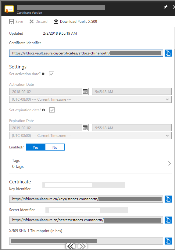 Screenshot shows the Certificate Version dialog box with an option to copy the Certificate Identifier.