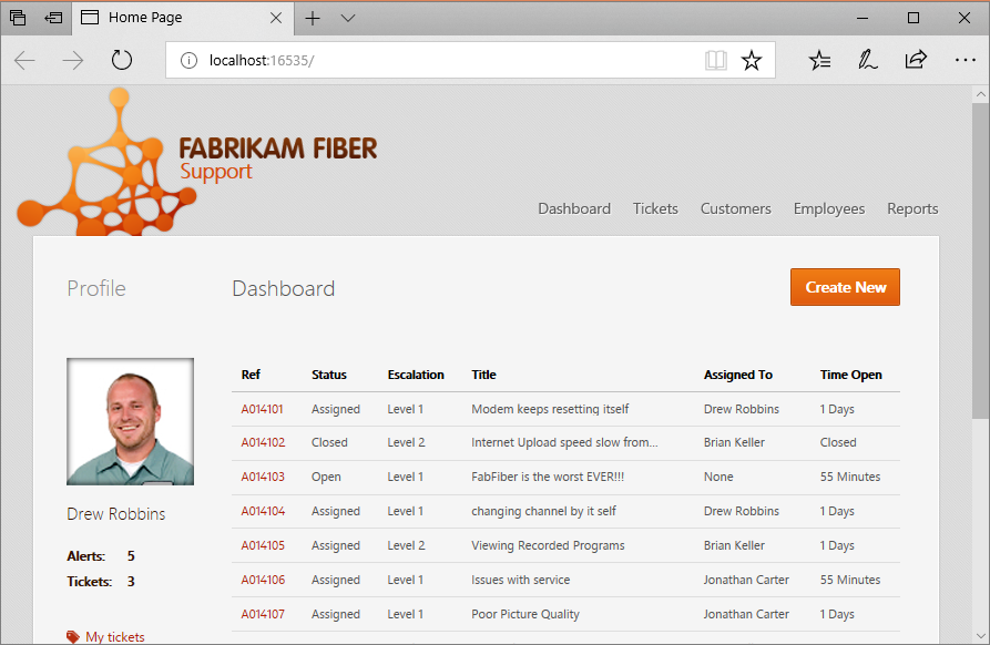 Screenshot of the Fabrikam Fiber CallCenter application home page running on the local host. The page shows a dashboard with a list of support calls.