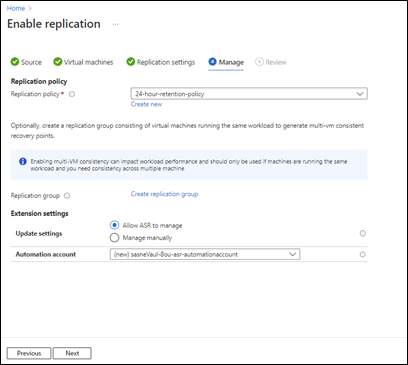 Screenshot of Manage replication tab.