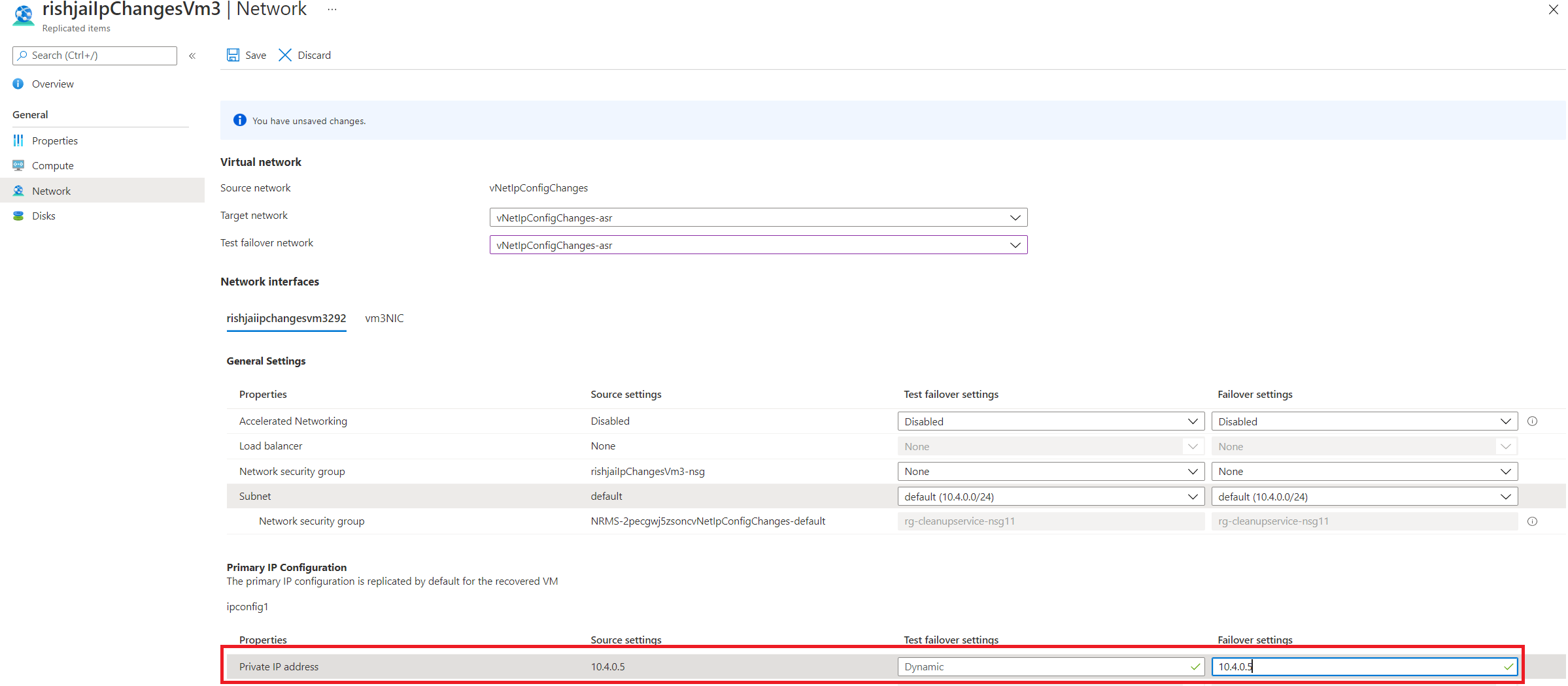 Screenshot that shows how to set the target IP in the Site Recovery Compute and Network pane