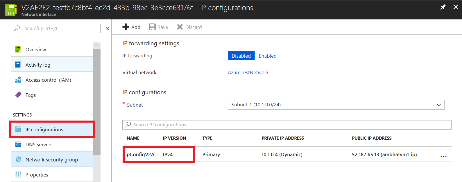 Screenshot shows the I P configurations page for the network interface with the I P configuration name selected.