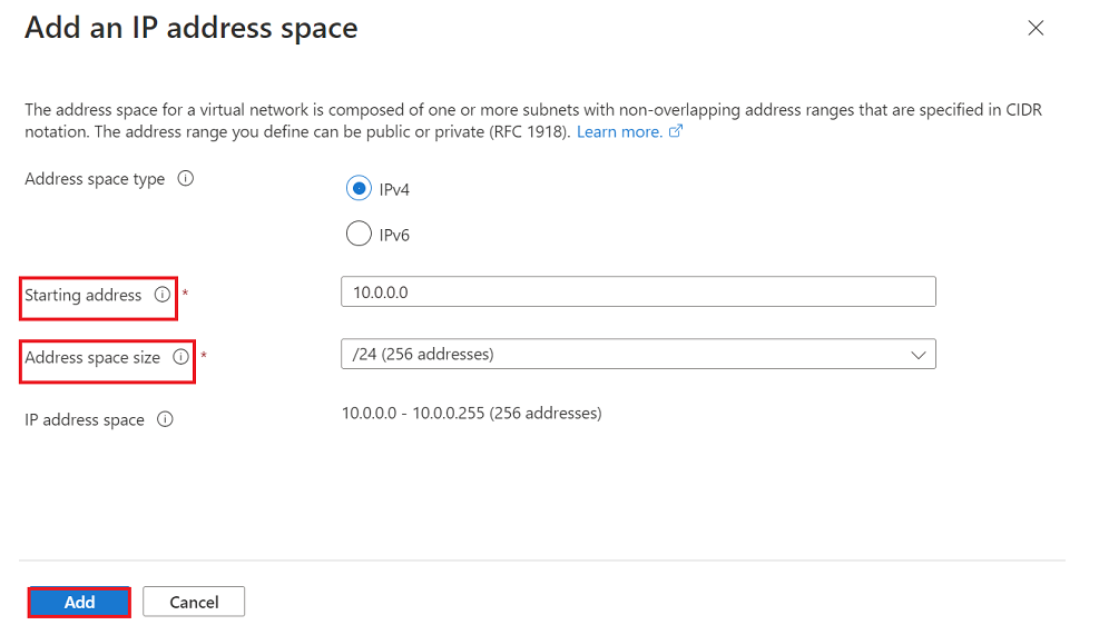 Screenshot that shows the Add virtual network options.