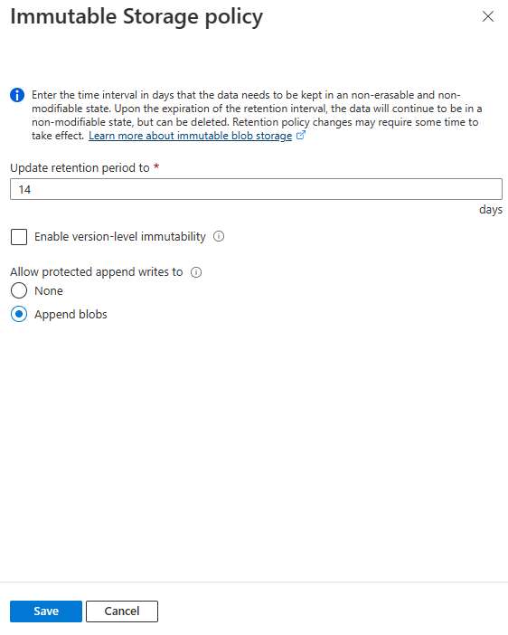 Screenshot showing how to modify an unlocked time-based retention policy