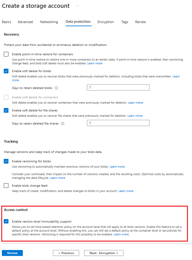 Screenshot showing how to create a storage account with version-level immutability support