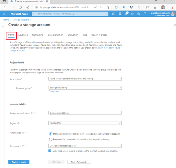 Screenshot showing a standard configuration for a new storage account - Basics tab.