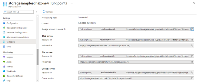 Screenshot showing how to retrieve service endpoints for a storage account.