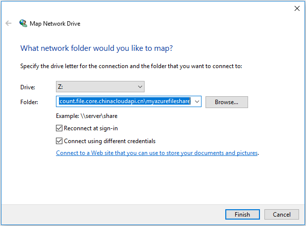 Screenshot of the Map Network Drive dialog.