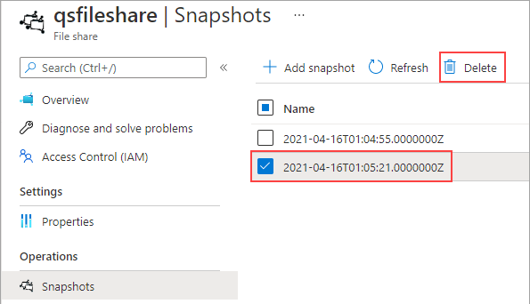 Screenshot of the Snapshots tab, the last snapshot is selected and the delete button is highlighted.