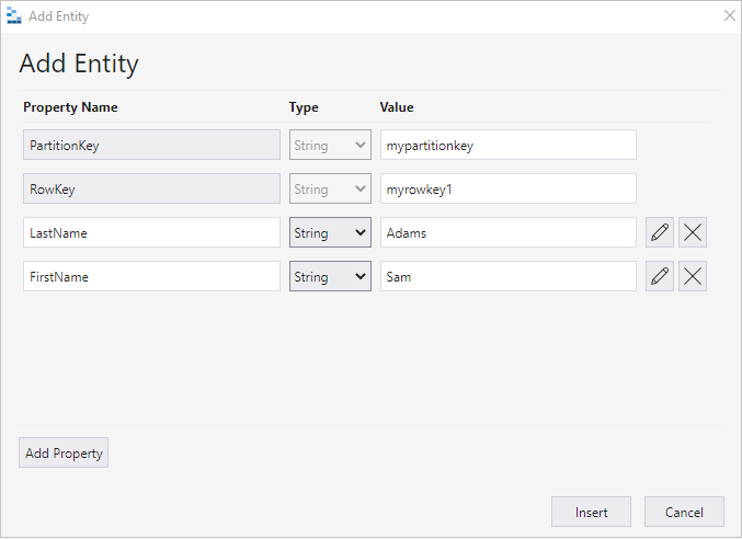 Screenshot showing how to add properties to an entity in Storage Browser in the Azure portal.