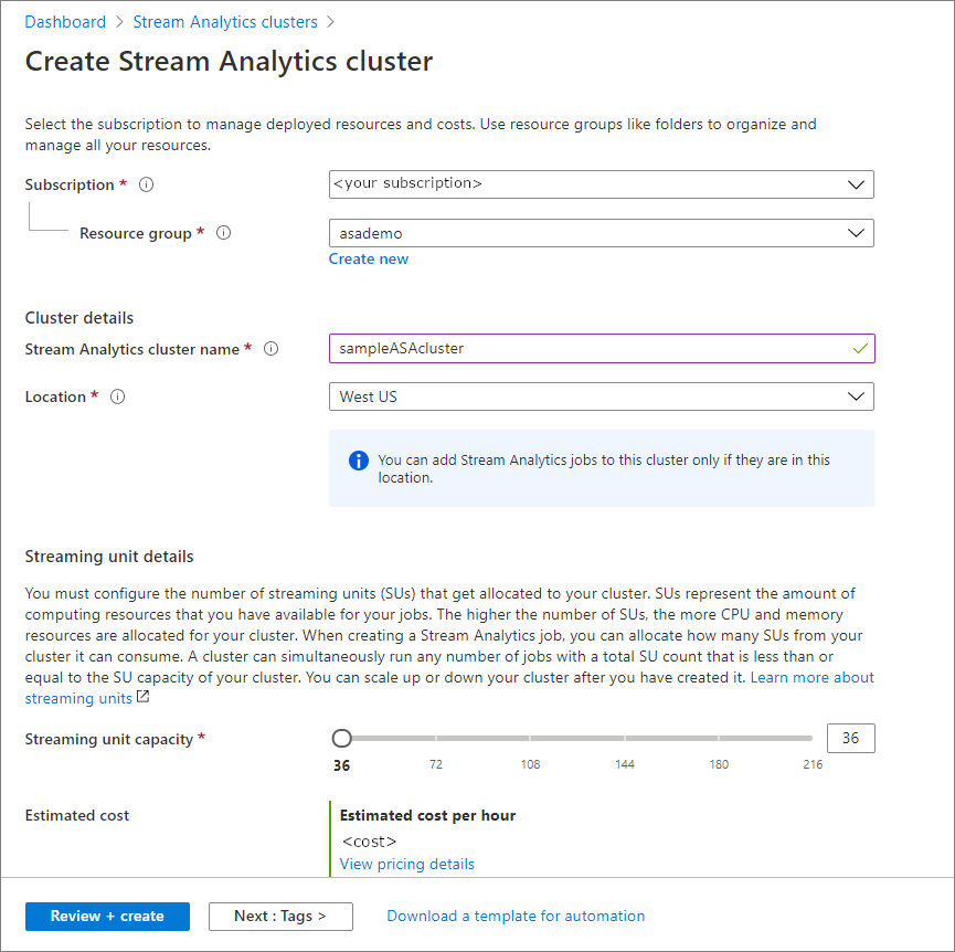 Screenshot showing the Create Stream Analytics cluster page. 