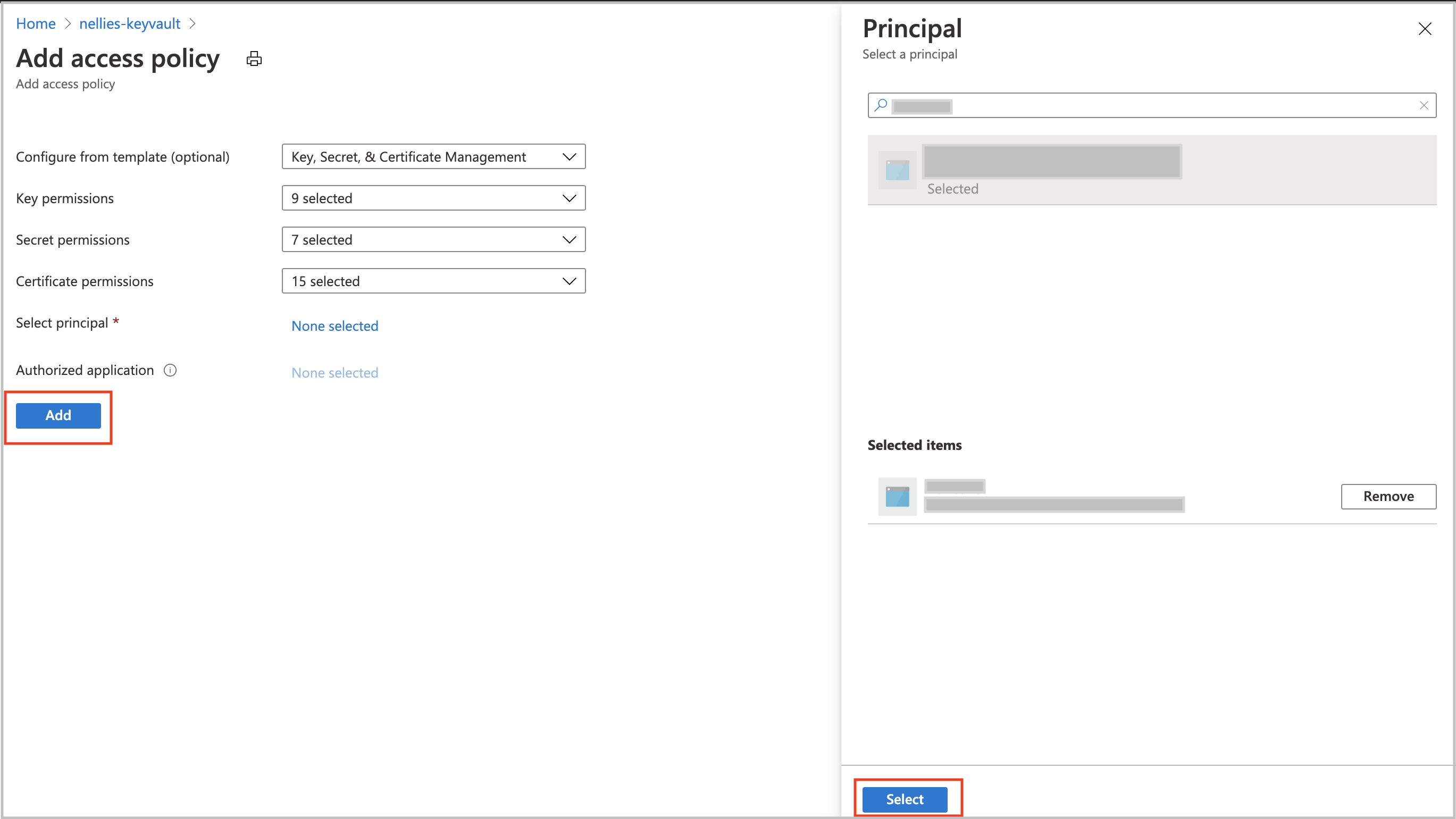 Screenshot that shows selections for adding an access policy.