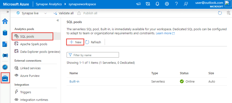 Screenshot that shows how to create a new Azure Synapse SQL dedicated pool from Synapse Studio.