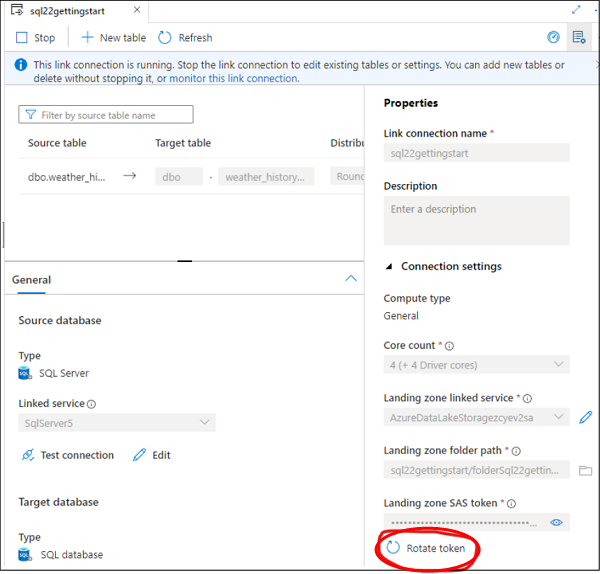 Screenshot that shows where to rotate a shared access signature token.