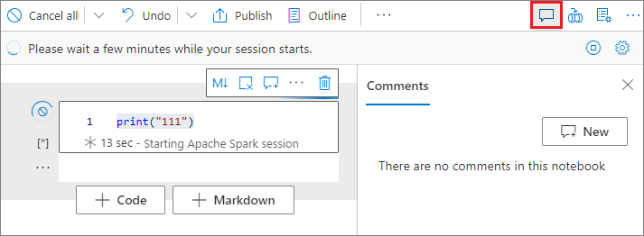 Screenshot of the Comments button and the Comments pane in a Synapse notebook.