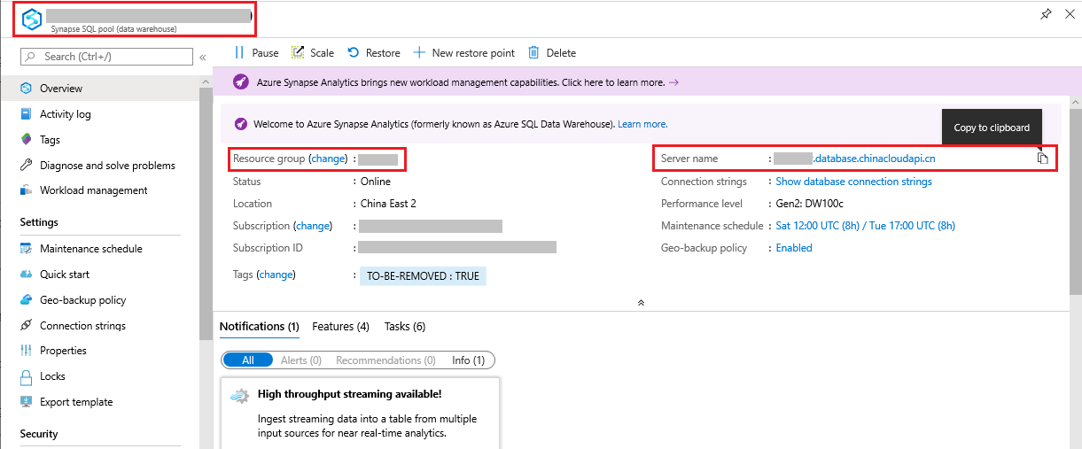 Screenshot of the Azure portal containing the dedicated SQL pool (formerly SQL DW) server name and resource group.