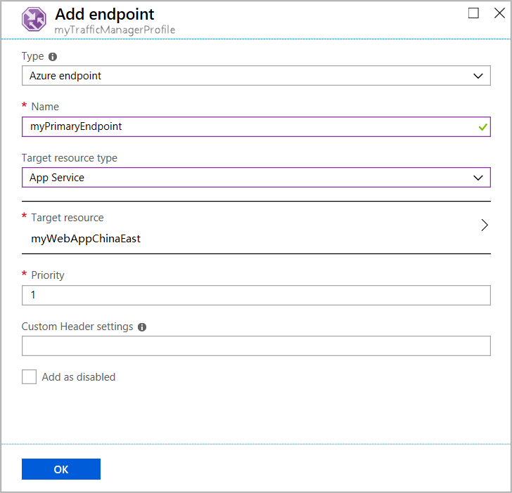 Screenshot of where you add an endpoint to your Traffic Manager profile.