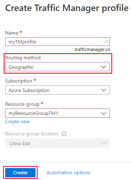 Create a Traffic Manager profile page