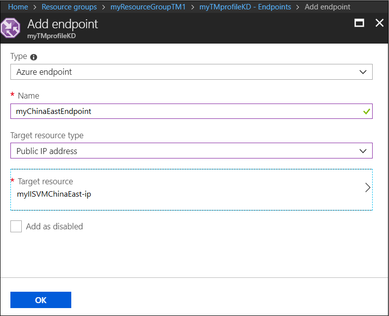 Screenshot of viewing a Traffic Manager endpoint status.