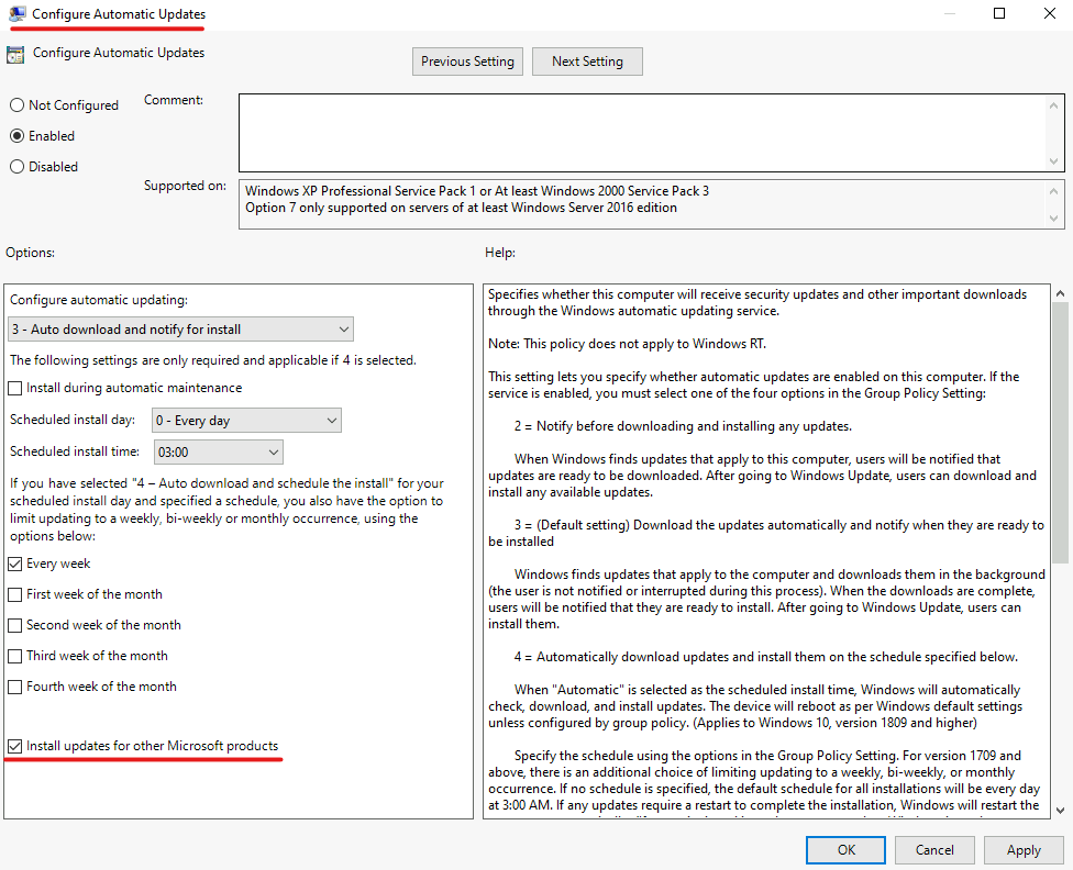 Screenshot of selection or deselection of install updates for other Microsoft products in Windows Server 2022.